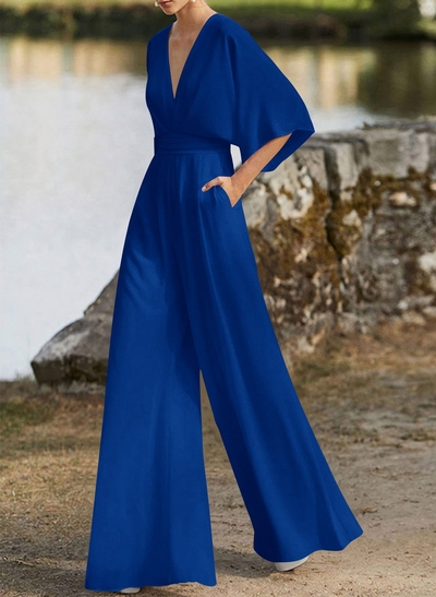 Jumpsuit/Pantsuit V-Neck 1/2 Sleeves Elastic Satin Floor-Length Evening Dresses