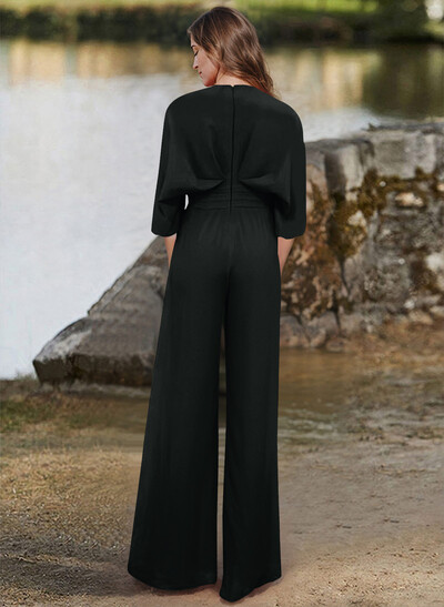 Jumpsuit/Pantsuit V-Neck 1/2 Sleeves Elastic Satin Floor-Length Evening Dresses