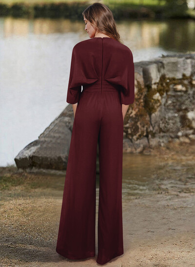 Jumpsuit/Pantsuit V-Neck 1/2 Sleeves Elastic Satin Floor-Length Evening Dresses