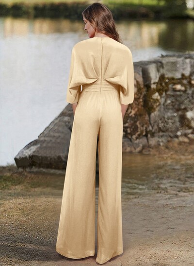 Jumpsuit/Pantsuit V-Neck 1/2 Sleeves Elastic Satin Floor-Length Evening Dresses