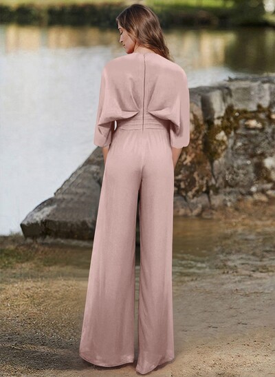 Jumpsuit/Pantsuit V-Neck 1/2 Sleeves Elastic Satin Floor-Length Evening Dresses
