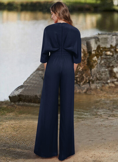 Jumpsuit/Pantsuit V-Neck 1/2 Sleeves Elastic Satin Floor-Length Evening Dresses