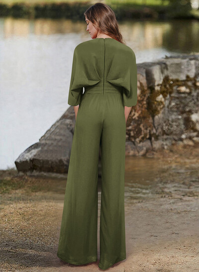 Jumpsuit/Pantsuit V-Neck 1/2 Sleeves Elastic Satin Floor-Length Evening Dresses