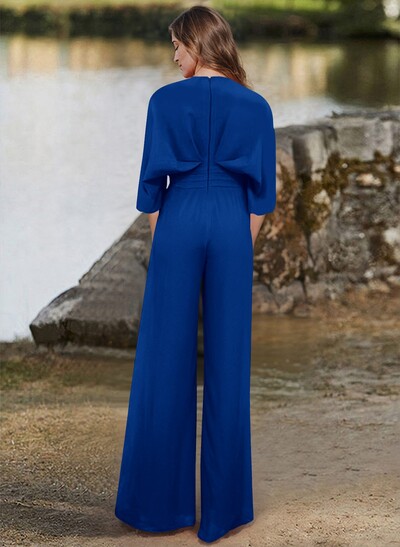 Jumpsuit/Pantsuit V-Neck 1/2 Sleeves Elastic Satin Floor-Length Evening Dresses