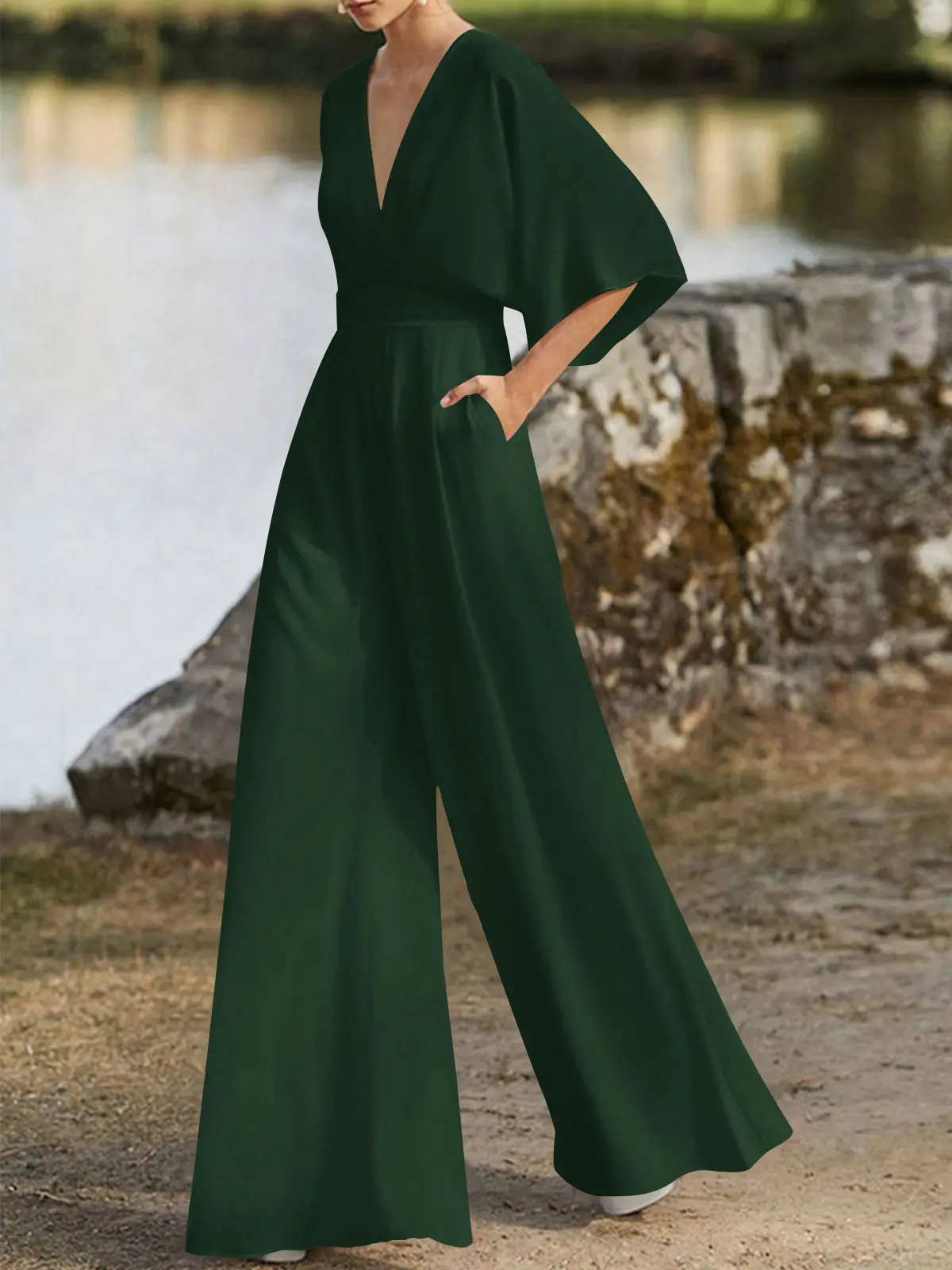 Jumpsuit/Pantsuit V-Neck 1/2 Sleeves Elastic Satin Floor-Length Evening Dresses Jumpsuit/Pantsuit V-Neck 1/2 Sleeves Elastic Satin Floor-Length Evening Dresses