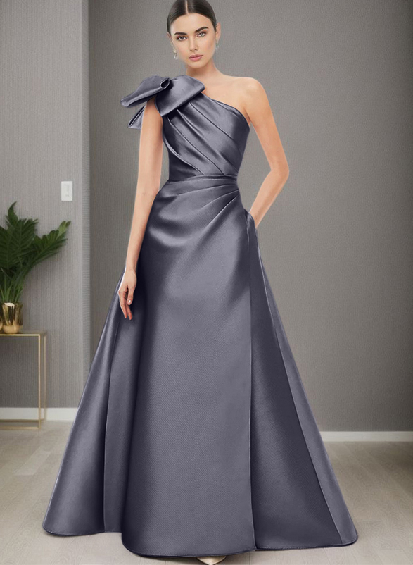A-Line One-Shoulder Satin Evening Dresses With Bow(s)/Pockets