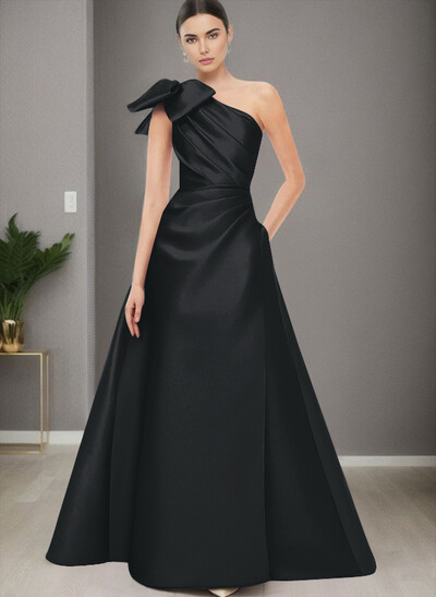 A-Line One-Shoulder Satin Evening Dresses With Bow(s)/Pockets