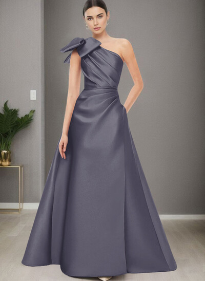 A-Line One-Shoulder Satin Evening Dresses With Bow(s)/Pockets