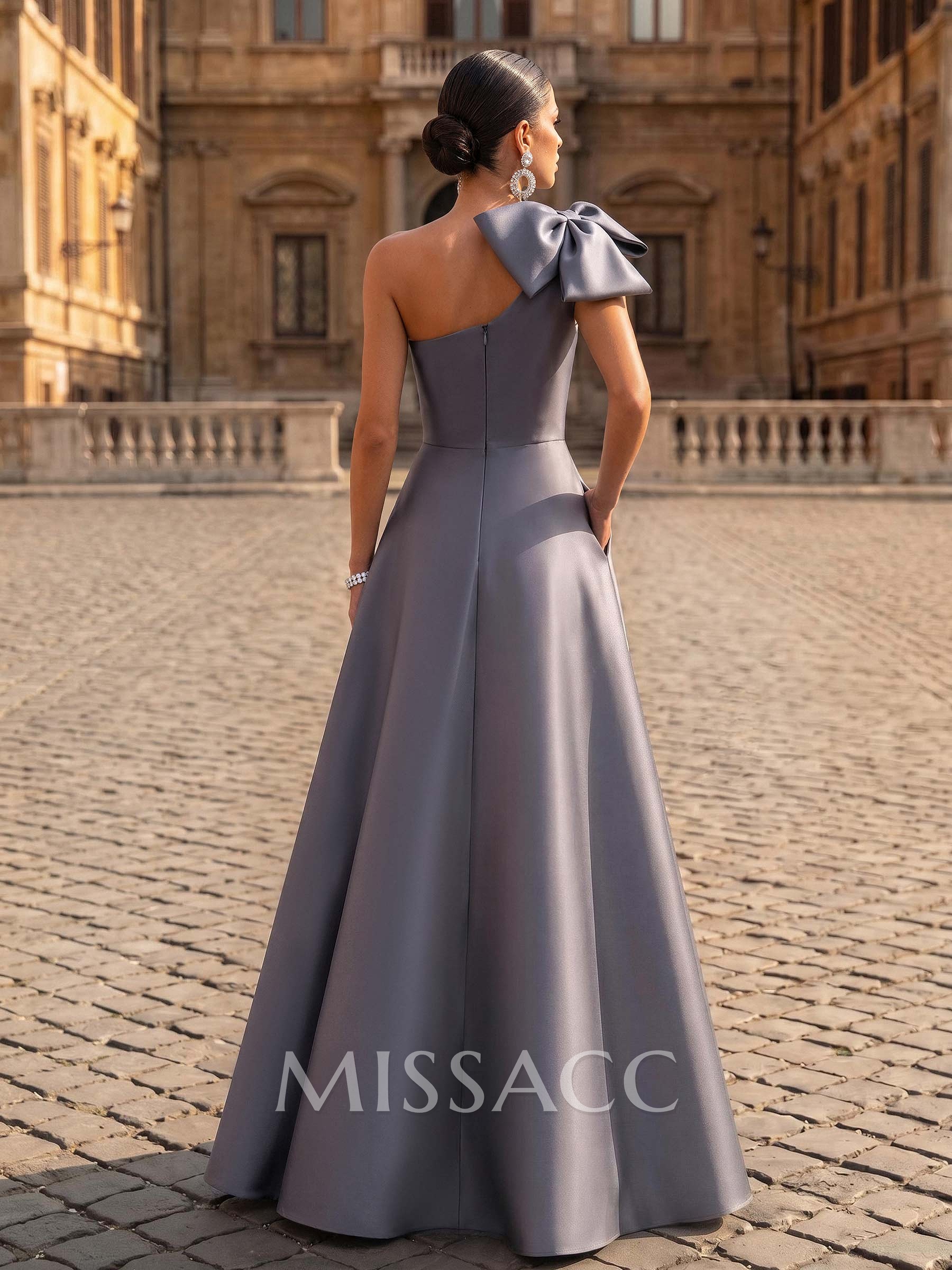 A-Line One-Shoulder Satin Evening Dresses With Bow(s)/Pockets