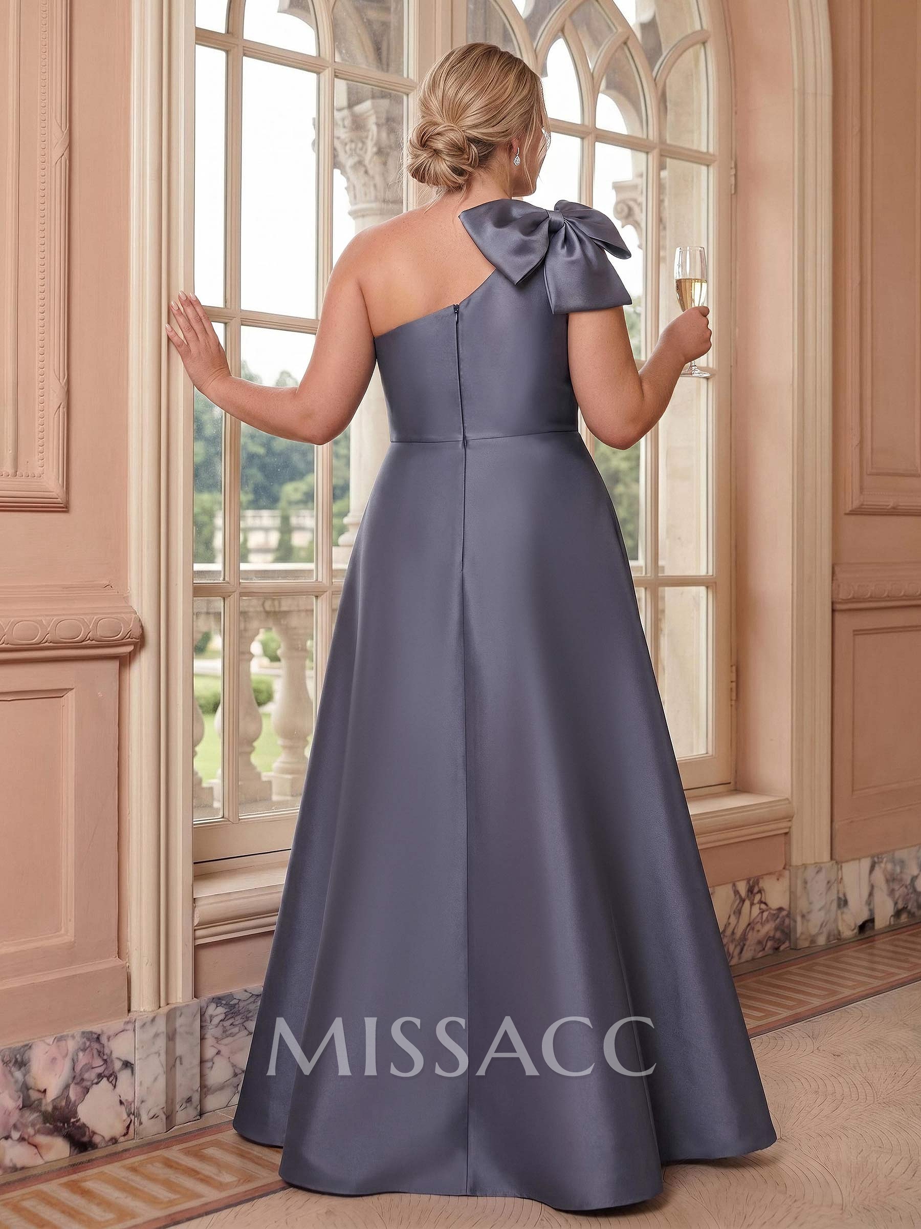 A-Line One-Shoulder Satin Evening Dresses With Bow(s)/Pockets