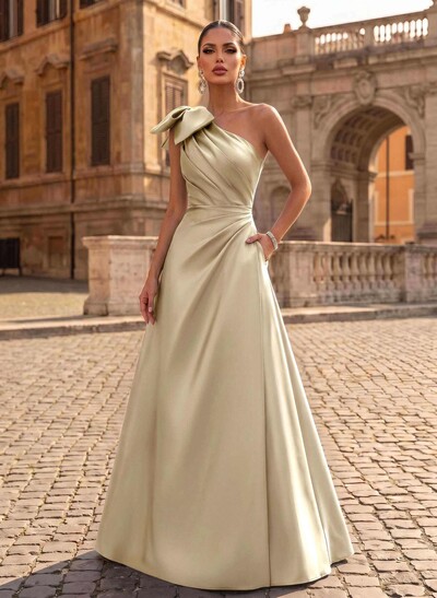 A-Line One-Shoulder Satin Evening Dresses With Bow(s)/Pockets