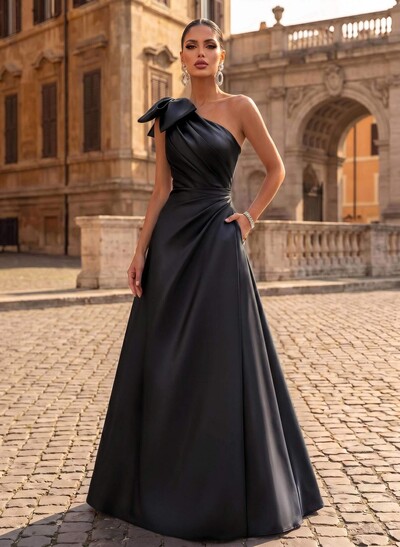A-Line One-Shoulder Satin Evening Dresses With Bow(s)/Pockets
