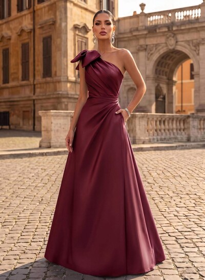 A-Line One-Shoulder Satin Evening Dresses With Bow(s)/Pockets