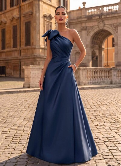 A-Line One-Shoulder Satin Evening Dresses With Bow(s)/Pockets