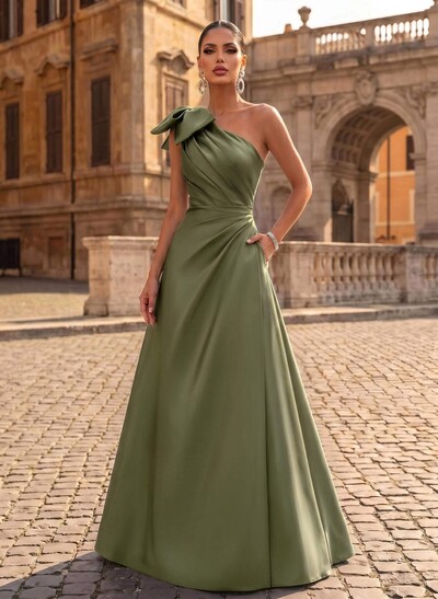 A-Line One-Shoulder Satin Evening Dresses With Bow(s)/Pockets