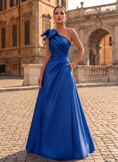 A-Line One-Shoulder Satin Evening Dresses With Bow(s)/Pockets
