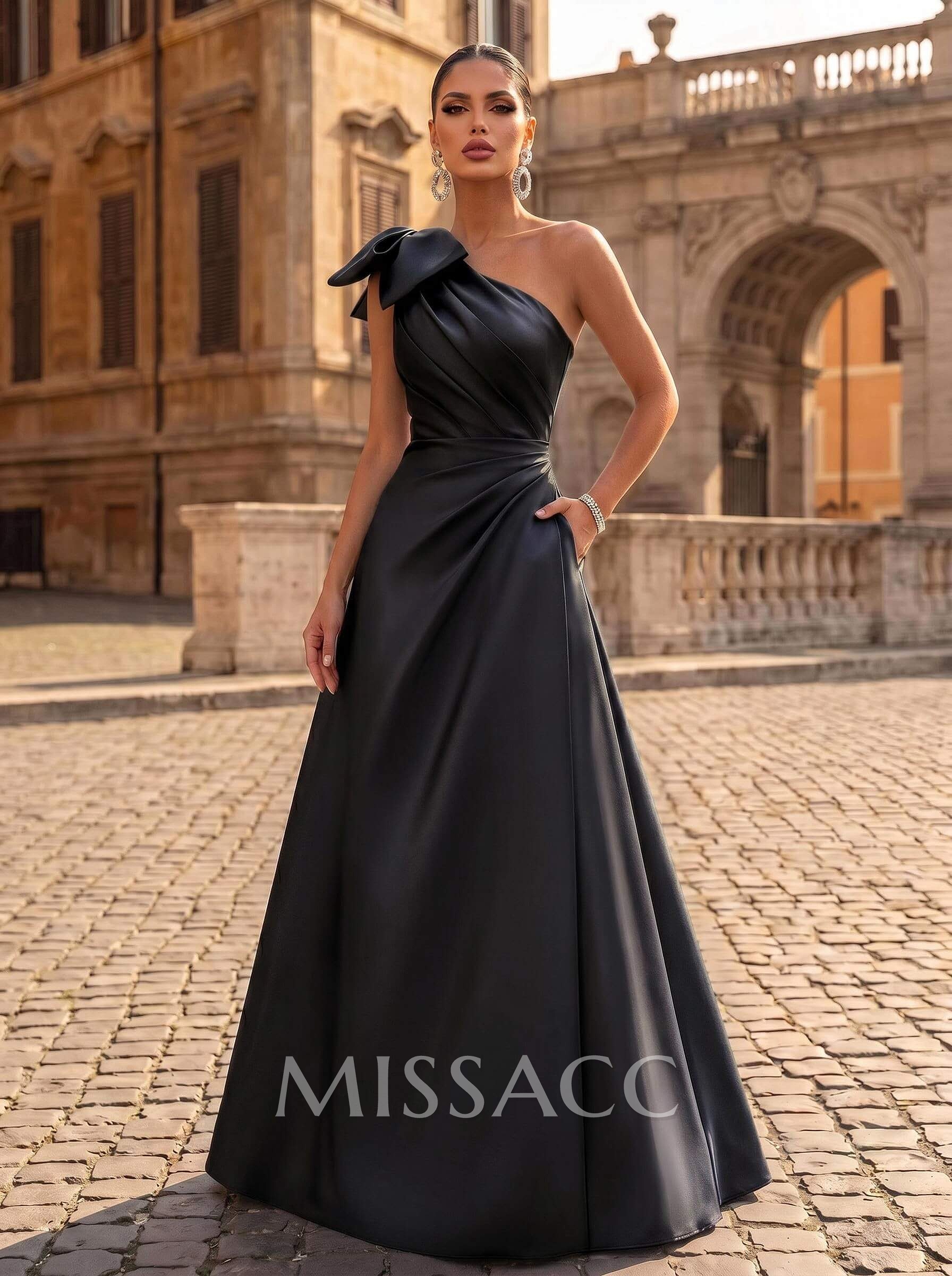 A-Line One-Shoulder Satin Evening Dresses With Bow(s)/Pockets A-Line One-Shoulder Satin Evening Dresses With Bow(s)/Pockets