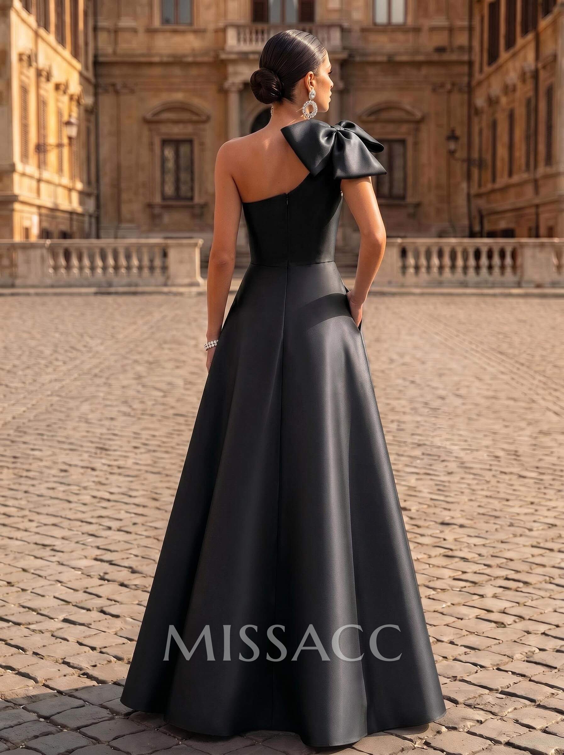 A-Line One-Shoulder Satin Evening Dresses With Bow(s)/Pockets A-Line One-Shoulder Satin Evening Dresses With Bow(s)/Pockets