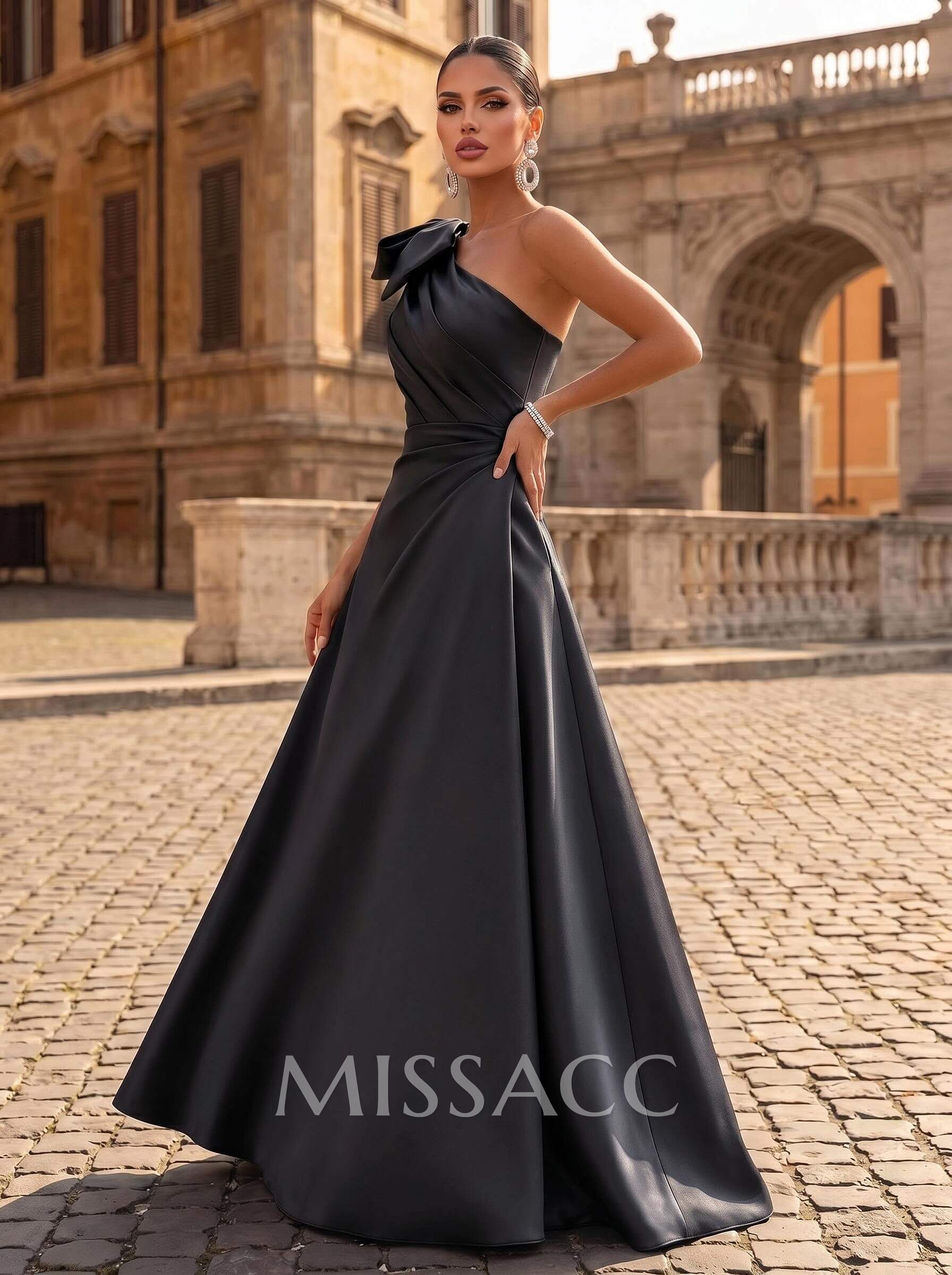 A-Line One-Shoulder Satin Evening Dresses With Bow(s)/Pockets A-Line One-Shoulder Satin Evening Dresses With Bow(s)/Pockets