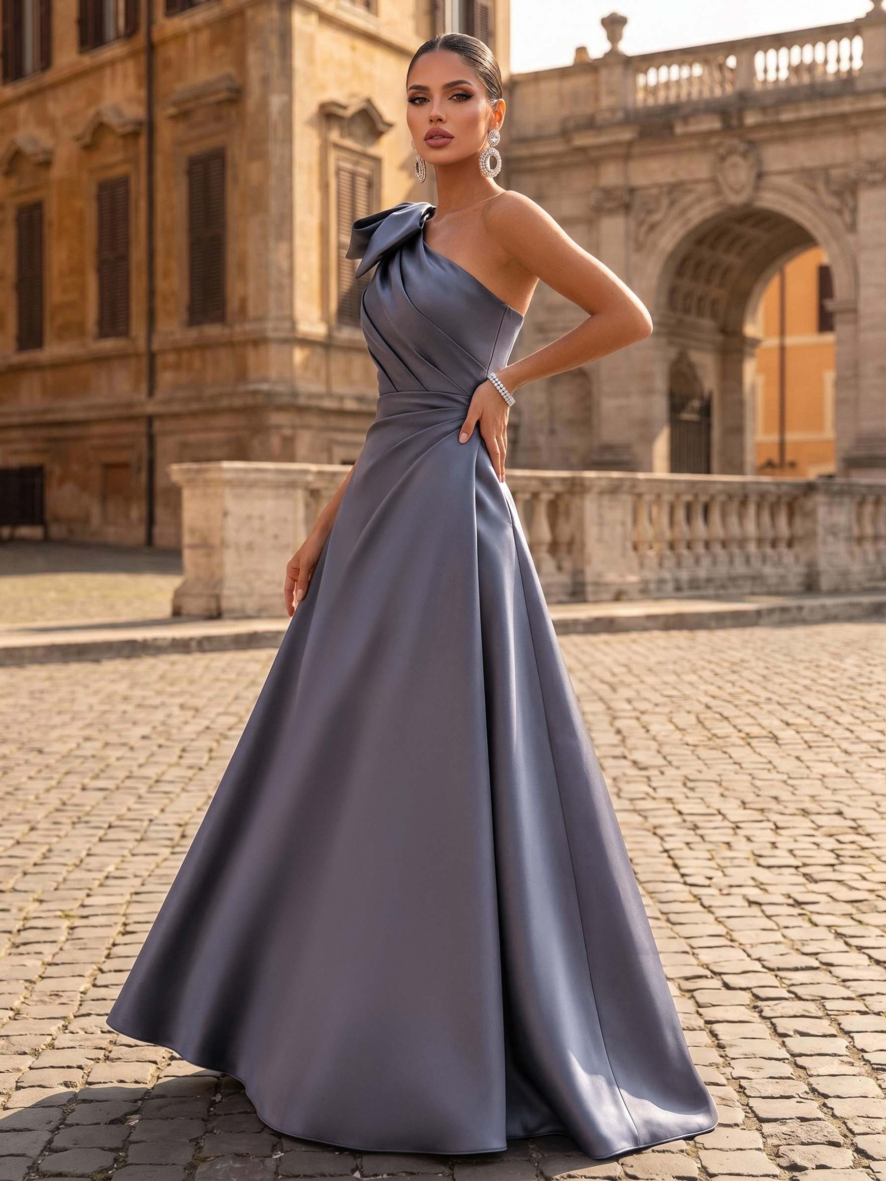 A-Line One-Shoulder Satin Evening Dresses With Bow(s)/Pockets A-Line One-Shoulder Satin Evening Dresses With Bow(s)/Pockets