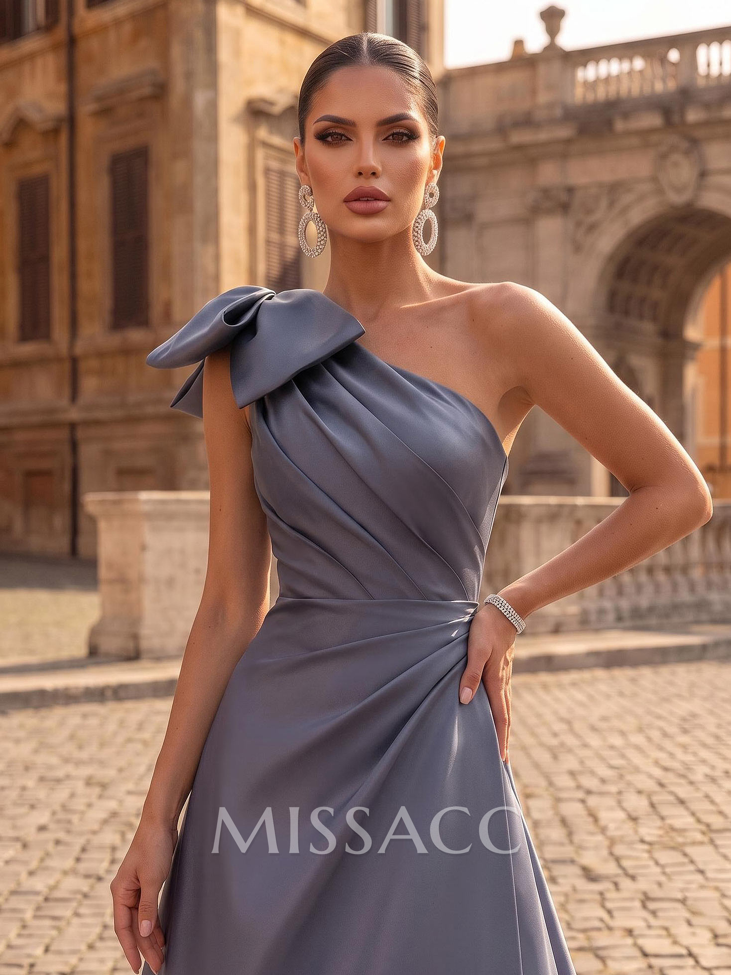 A-Line One-Shoulder Satin Evening Dresses With Bow(s)/Pockets A-Line One-Shoulder Satin Evening Dresses With Bow(s)/Pockets