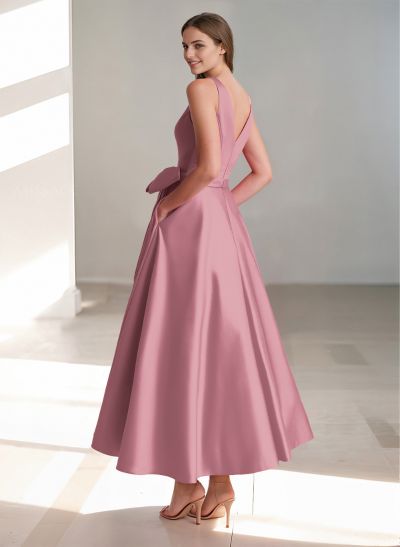 A-Line V-Neck Satin Evening Dresses With Bow(s)/Pockets