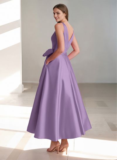 A-Line V-Neck Satin Evening Dresses With Bow(s)/Pockets
