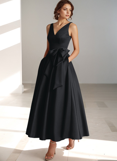 Modest A-Line V-Neck Bow Accented Satin Evening Dresses With Pockets