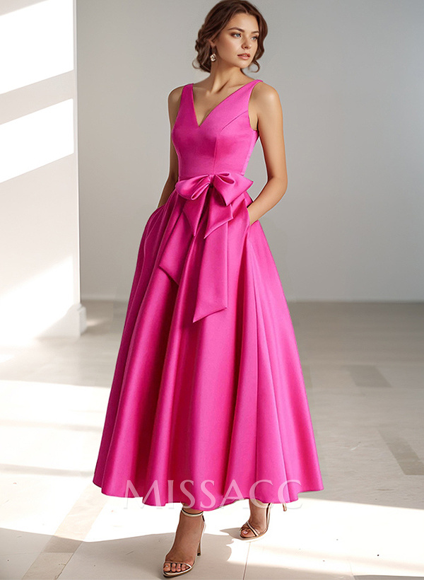 Modest A-Line V-Neck Bow Accented Satin Evening Dresses With Pockets
