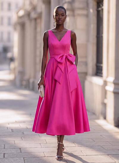 Modest A-Line V-Neck Bow Accented Satin Evening Dresses With Pockets
