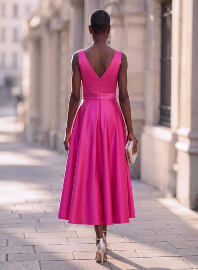Modest A-Line V-Neck Bow Accented Satin Evening Dresses With Pockets