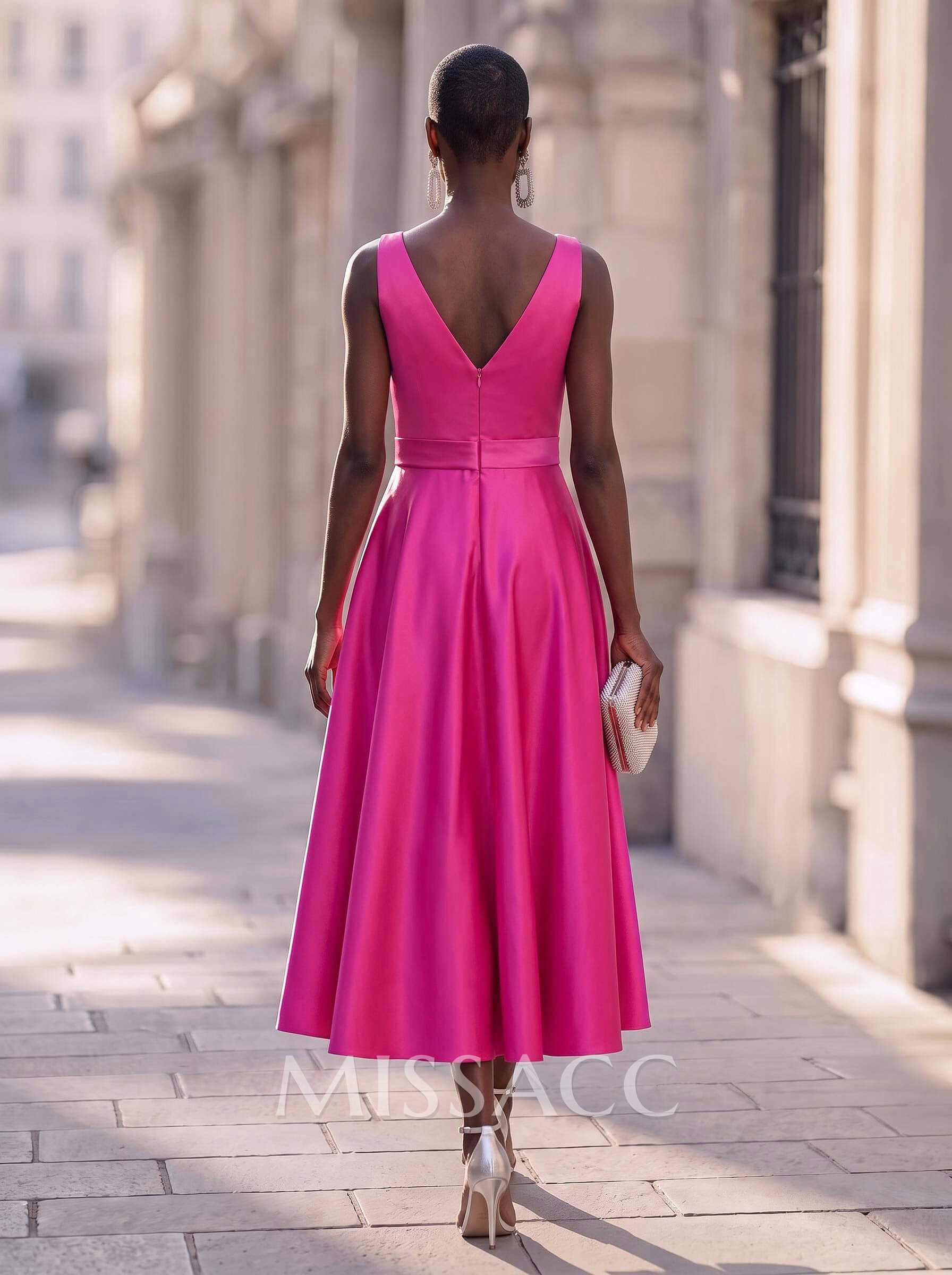Modest A-Line V-Neck Bow Accented Satin Evening Dresses With Pockets