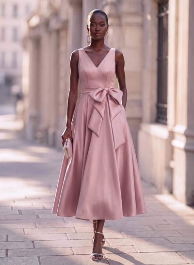 Modest A-Line V-Neck Bow Accented Satin Evening Dresses With Pockets