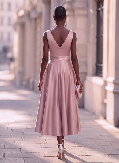 Modest A-Line V-Neck Bow Accented Satin Evening Dresses With Pockets