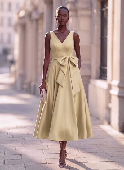 Modest A-Line V-Neck Bow Accented Satin Evening Dresses With Pockets
