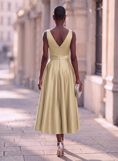 Modest A-Line V-Neck Bow Accented Satin Evening Dresses With Pockets