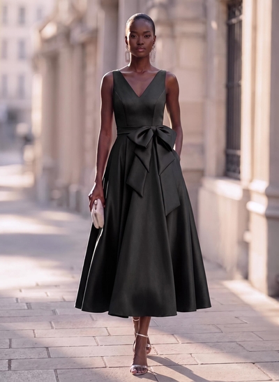 Modest A-Line V-Neck Bow Accented Satin Evening Dresses With Pockets