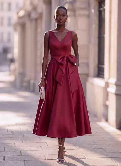 Modest A-Line V-Neck Bow Accented Satin Evening Dresses With Pockets