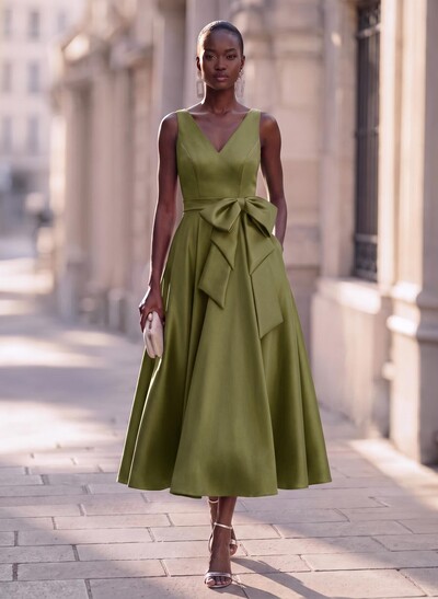 Modest A-Line V-Neck Bow Accented Satin Evening Dresses With Pockets