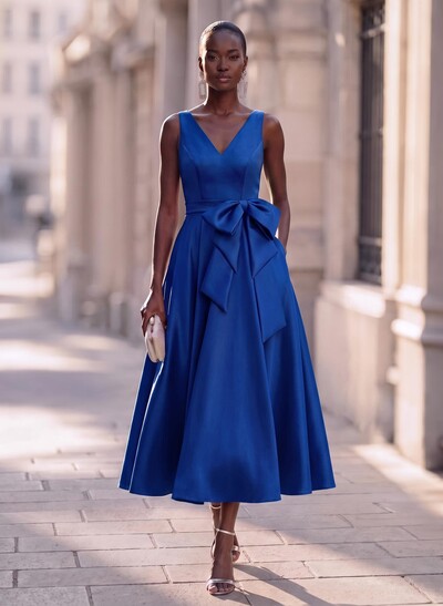 Modest A-Line V-Neck Bow Accented Satin Evening Dresses With Pockets
