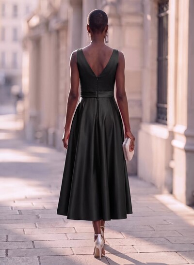 Modest A-Line V-Neck Bow Accented Satin Evening Dresses With Pockets