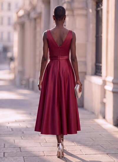 Modest A-Line V-Neck Bow Accented Satin Evening Dresses With Pockets