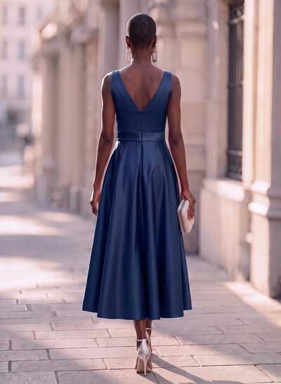 Modest A-Line V-Neck Bow Accented Satin Evening Dresses With Pockets