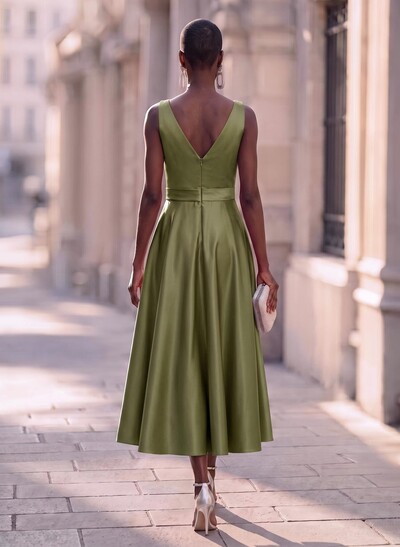 Modest A-Line V-Neck Bow Accented Satin Evening Dresses With Pockets