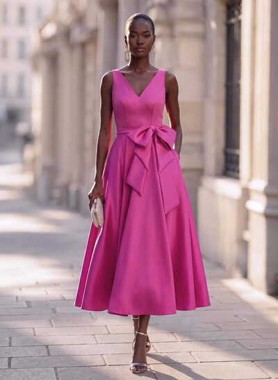 Modest A-Line V-Neck Bow Accented Satin Evening Dresses With Pockets