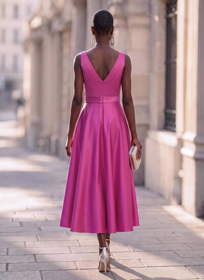 Modest A-Line V-Neck Bow Accented Satin Evening Dresses With Pockets
