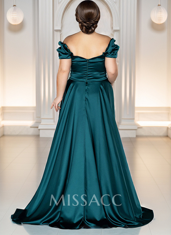 Off-The-Shoulder Silk Like Satin Evening Dresses With Split Front