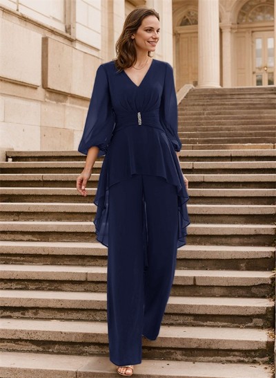 Blue Jumpsuit/Pantsuit Puff Slevees Evening Dresses