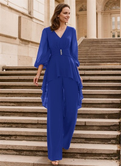 Blue Jumpsuit/Pantsuit Puff Slevees Evening Dresses