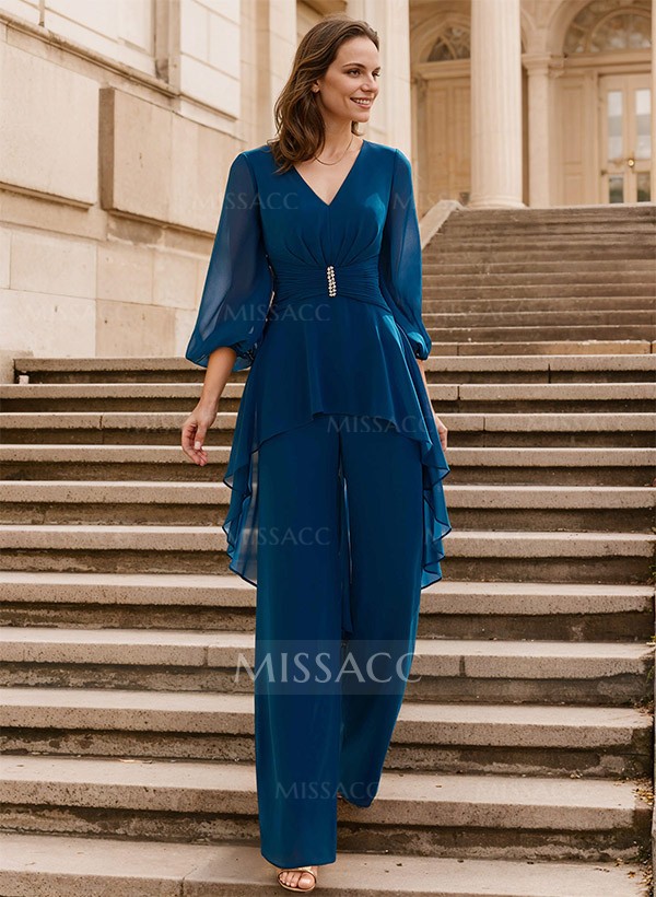 Blue Jumpsuit/Pantsuit Puff Slevees Evening Dresses